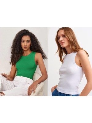 Actiwear Kadın 2'Li Paket Fitilli Halter Yaka Örme Atlet T-Shirt