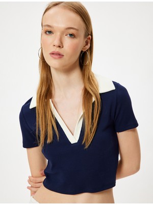 Koton Crop Tişört Polo Yaka Düğmeli Kısa Kollu Biyeli Slim Fit
