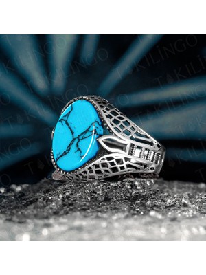 Takılingo 925 Ayar Gümüş Oval Turkuaz Firuze Taşlı Erkek Yüzük