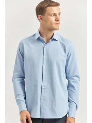 İmza Mavi Uzun Kol Düz Bez Ayağı Yarım İtalyan Yaka Classic Slim Fit Gömlek 1004240268