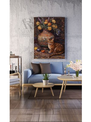 Ar Ajans Kanvas Tablo Vazo Kenarında Oturan Kedi Dekoratif Kanvas Tablo