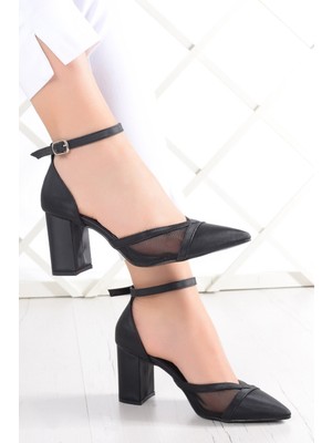 Erkan Saçmacı Millie Siyah Saten Fileli Kalın Topuklu Abiye Ayakkabı