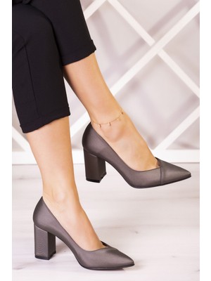 Erkan Saçmacı Belinda Plus Antrasit Saten Jatqılı Kalın Topuklu Abiye Ayakkabı