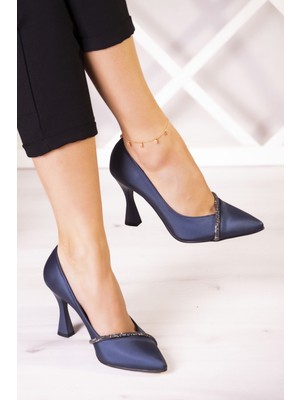 Erkan Saçmacı Roland Lacivert Saten Taşlı Kadeh Topuklu Stiletto