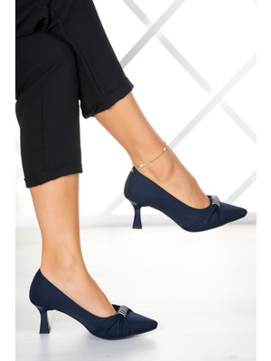 Erkan Saçmacı Kadın Lacivert Krep Taş Tasarımlı Ayakkabı Orta Topuk ve Neolit Taban