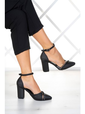 Erkan Saçmacı Samira Siyah Saten Taşlı Şeffaf Tasarımlı Ayakkabı