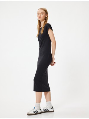 Koton Kalem Elbise Midi Boy Slim Fit Kısa Kollu Kayık Yaka