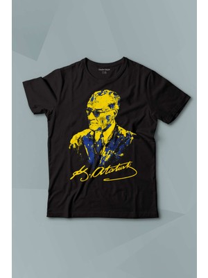 Kendim Seçtim Atatürk  Sarı Lacivert Baskılı Çocuk Tişört Kısa Kollu