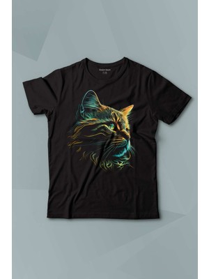 Kendim Seçtim Bıyıklı Kedi Minimal Çizim 3D Efektli Realist Siyah Baskılı Çocuk Tişört Kısa Kollu