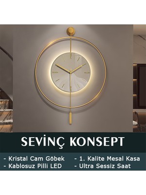 Sevinç Konsept Led'li Kristal Cam Tiktok Gold Orta Boy, Modern Dekoratif Sarkaçlı Metal Duvar Saati