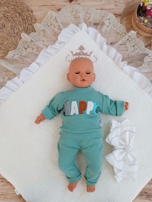 Beruflic Yenidoğan Wool Yün Kumaş Taç Nakışlı Güpür Duvaklı Fiyonk Prizma Taş Unisex Kundak Bebek Battaniyesi Kahverengi