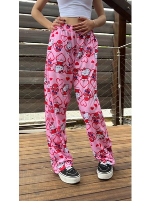 Touz Moda Hello Kitty & Spider-Man Detaylı Pembe Unisex Bol Eşofman Altı