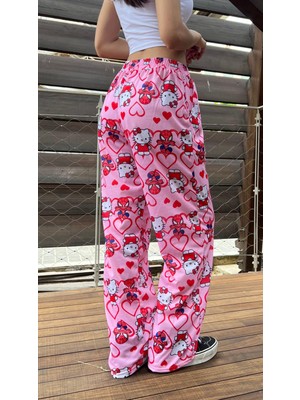 Touz Moda Hello Kitty & Spider-Man Detaylı Pembe Unisex Bol Eşofman Altı