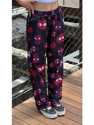 Touz Moda Hello Kitty & Spider-Man Detaylı Siyah Unisex Bol Eşofman Altı