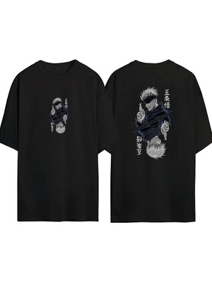 Youwinner Unisex Satoru Gojo Anime Tasarım Baskılı Pamuk Sıyah Oversize T-Shirt