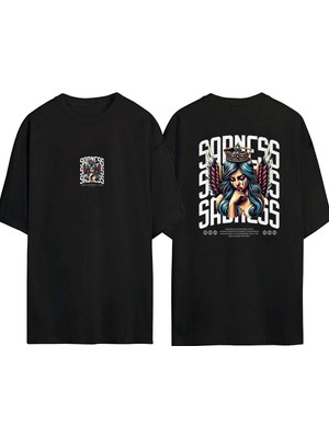 Youwinner Unisex Ağlayan Kadın Tasarım Baskılı Pamuk Sıyah Oversize T-Shirt