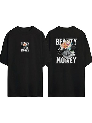 Youwinner Unisex Beauty Money Tasarım Baskılı Pamuk Sıyah Oversize T-Shirt