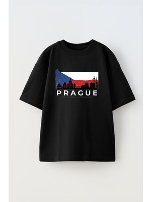 Youwinner Unisex Prague Tasarım Baskılı Pamuk Sıyah Oversize T-Shirt