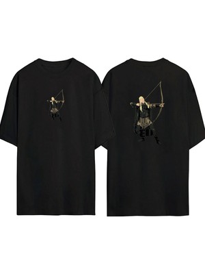 Youwinner Unisex Okcu Elf Tasarım Baskılı Pamuk Sıyah Oversize T-Shirt