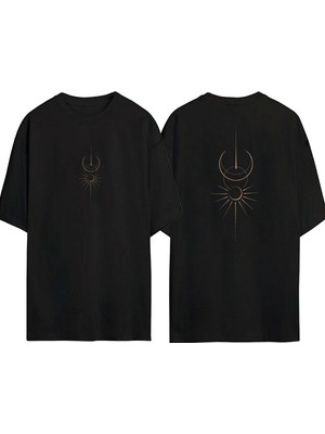 Youwinner Unisex Güneş ve Ay Sembolu Tasarım Baskılı Pamuk Sıyah Oversize T-Shirt