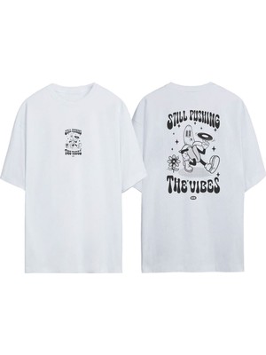 Youwinner Unisex Stıll Pushıng Muz Tasarım Baskılı Pamuk Beyaz Oversize T-Shirt