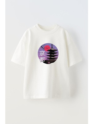 Youwinner Unisex Japon Evi Tasarım Baskılı Pamuk Beyaz Oversize T-Shirt