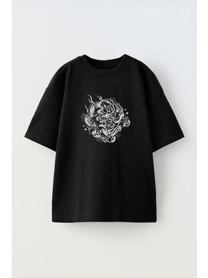 Youwinner Unisex Ejderha Tasarım Baskılı Pamuk Sıyah Oversize T-Shirt