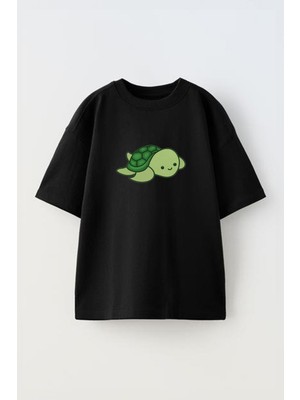 Youwinner Unisex Cute Green Turtle Tasarım Baskılı Pamuk Sıyah Oversize T-Shirt