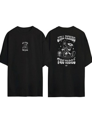 Youwinner Unisex Stıll Pushıng Muz Tasarım Baskılı Pamuk Sıyah Oversize T-Shirt