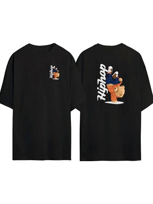 Youwinner Unisex Hipop Bear Tasarım Baskılı Pamuk Sıyah Oversize T-Shirt