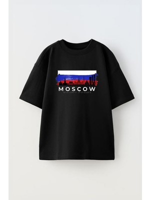 Youwinner Unisex Moscow Tasarım Baskılı Pamuk Sıyah Oversize T-Shirt