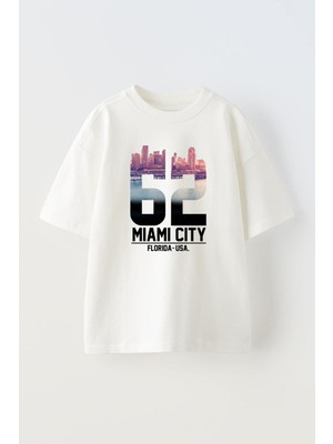 Youwinner Unisex Mıamı City Tasarım Baskılı Pamuk Beyaz Oversize T-Shirt