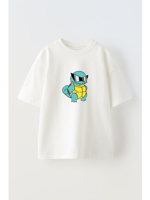 Youwinner Unisex Squirtle Tasarım Baskılı Pamuk Beyaz Oversize T-Shirt