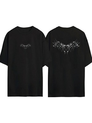 Youwinner Unisex Kanatlı Kalp Tasarım Baskılı Pamuk Sıyah Oversize T-Shirt