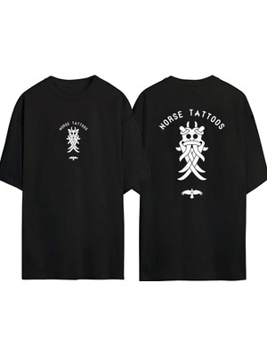 Youwinner Unisex Norse Tattoos Tasarım Baskılı Pamuk Sıyah Oversize T-Shirt