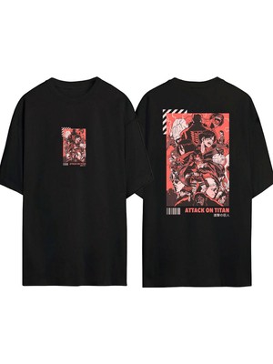 Youwinner Unisex Attack On Tıtan Karakterler Tasarım Baskılı Pamuk Sıyah Oversize T-Shirt