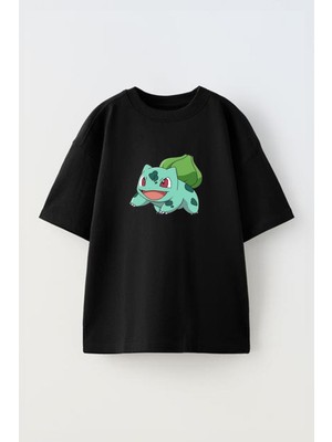 Youwinner Unisex Bulbasaur Tasarım Baskılı Pamuk Sıyah Oversize T-Shirt