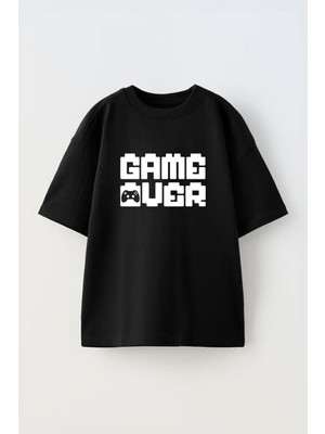 Youwinner Unisex Game Over Tasarım Baskılı Pamuk Sıyah Oversize T-Shirt