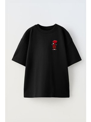 Youwinner Unisex Cut Deadpool Tasarım Baskılı Pamuk Sıyah Oversize T-Shirt