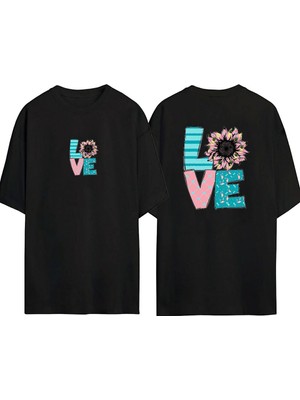 Youwinner Unisex Love Papatya Tasarım Baskılı Pamuk Sıyah Oversize T-Shirt