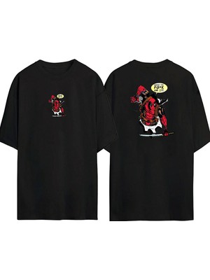 Youwinner Unisex Duvardan Cıkan Deadpool Tasarım Baskılı Pamuk Sıyah Oversize T-Shirt
