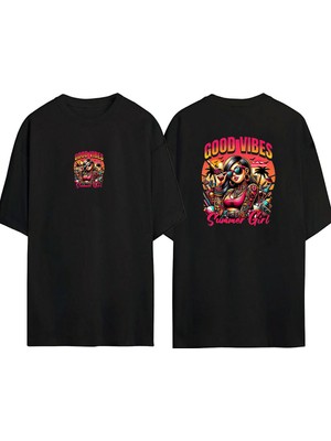 Youwinner Unisex Summer Girl Tasarım Baskılı Pamuk Sıyah Oversize T-Shirt