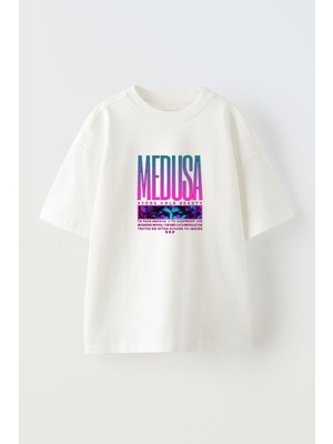 Youwinner Unisex Medusa Tasarım Baskılı Pamuk Beyaz Oversize T-Shirt