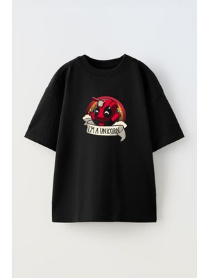 Youwinner Unisex Unicorn Deadpool Tasarım Baskılı Pamuk Sıyah Oversize T-Shirt