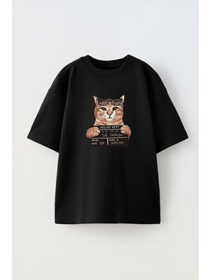 Youwinner Unisex Suclu Kedi Tasarım Baskılı Pamuk Sıyah Oversize T-Shirt
