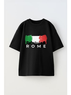 Youwinner Unisex Rome Tasarım Baskılı Pamuk Sıyah Oversize T-Shirt
