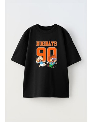 Youwinner Unisex Rugats Tasarım Baskılı Pamuk Sıyah Oversize T-Shirt