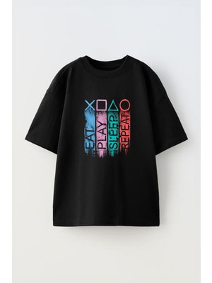 Youwinner Unisex Ye Oyna Uyu Tekrarla Tasarım Baskılı Pamuk Sıyah Oversize T-Shirt