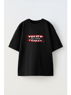 Youwinner Unisex Trust Tasarım Baskılı Pamuk Sıyah Oversize T-Shirt