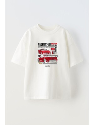 Youwinner Unisex Nıght Spın Tasarım Baskılı Pamuk Beyaz Oversize T-Shirt